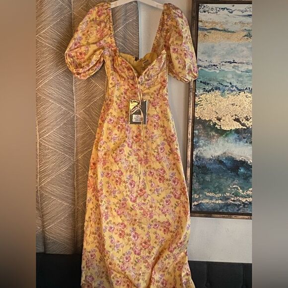 House of CB Maxi Dress Sz XS Yellow Floral Felizia Butter Print Puff Selene NEW - Picture 5 of 16